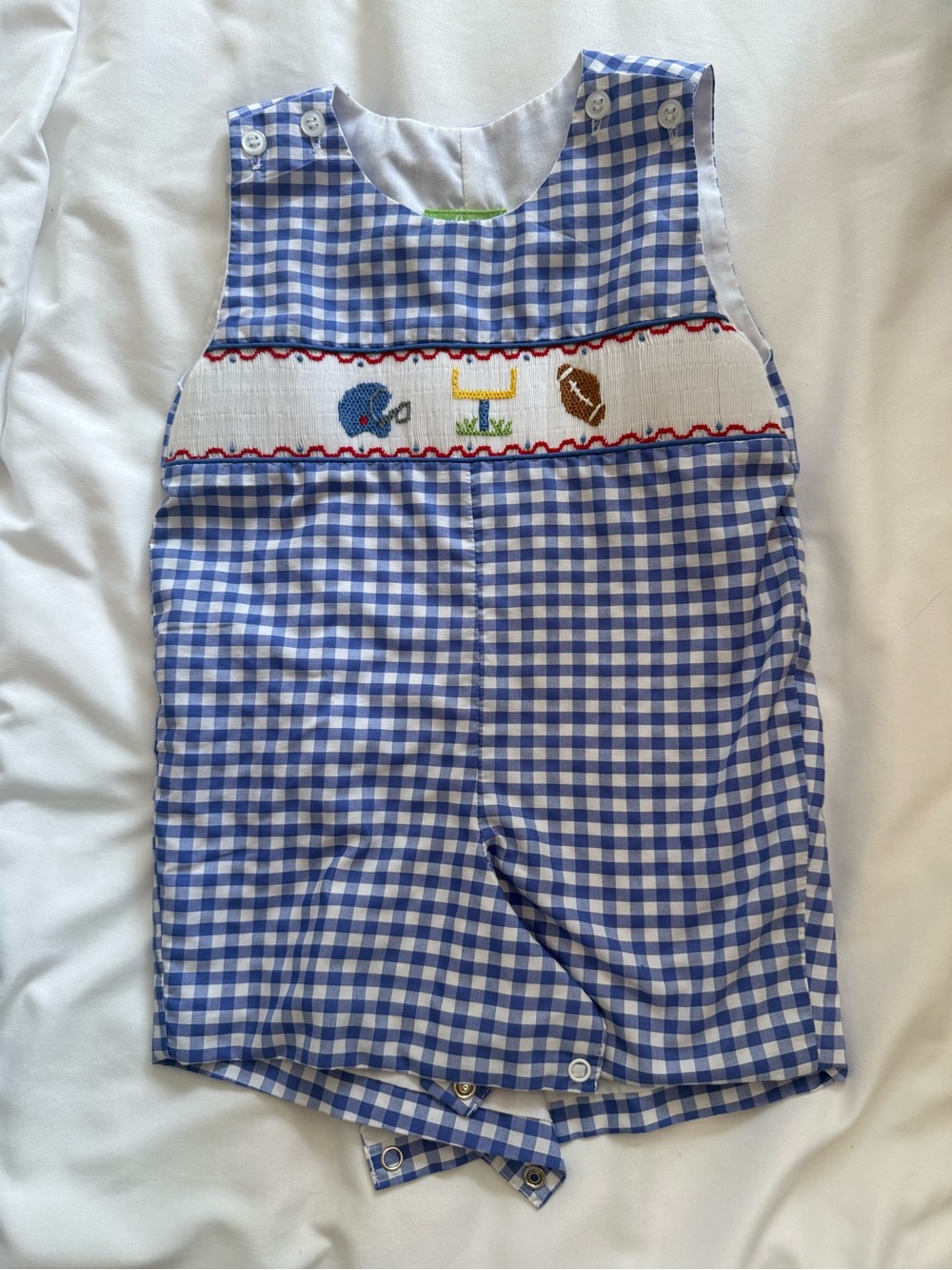 Classic Whimsy football smocked jon jon size 12 mo